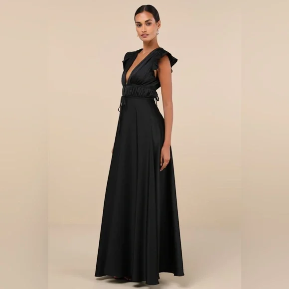 Lulus I'm All Yours Black Satin Cutout Ruffled Maxi Dress - Picture 2 of 8